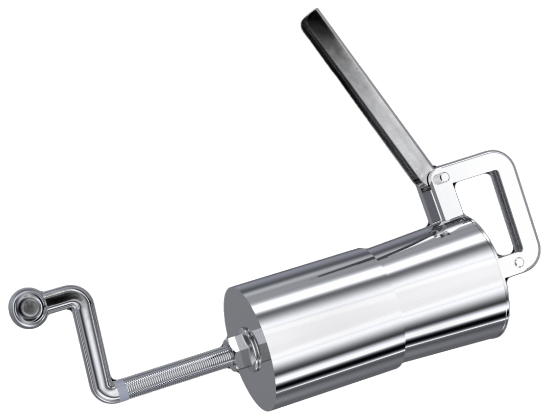 Render of the hand-operated seed pellet press in polished stainless steel