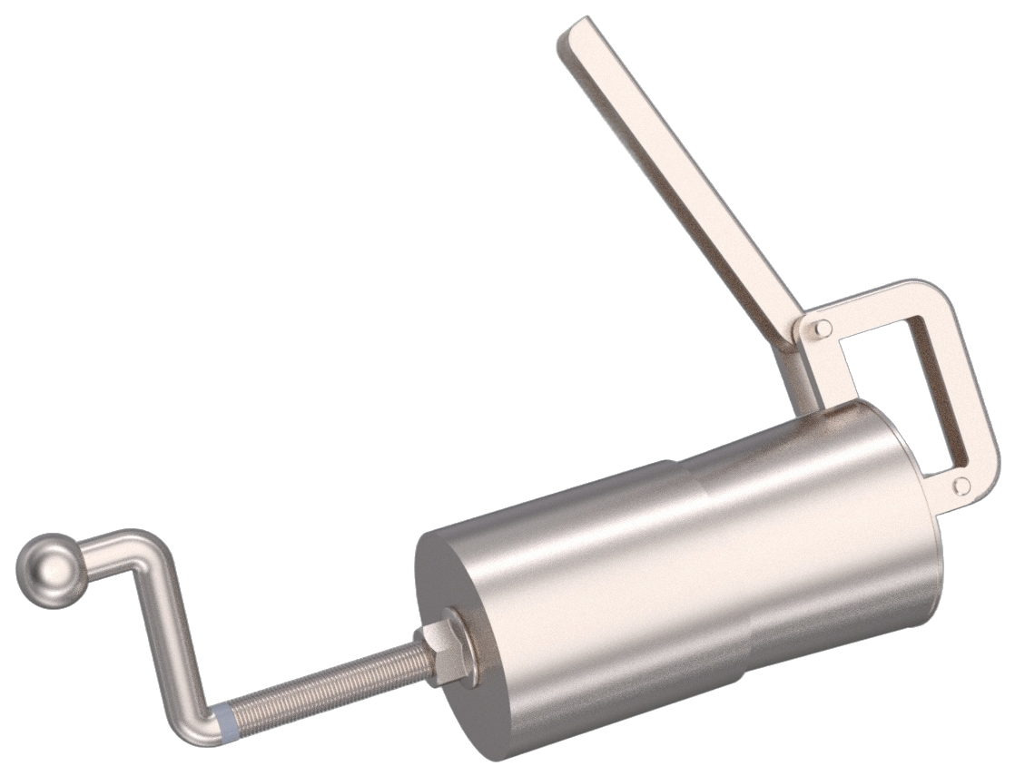 Render of the hand-operated seed pellet press with a crank handle and a finished pellet