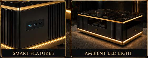 Smart Teapoy USB and Type-C charging ports, and ambient gold LED lighting along the base