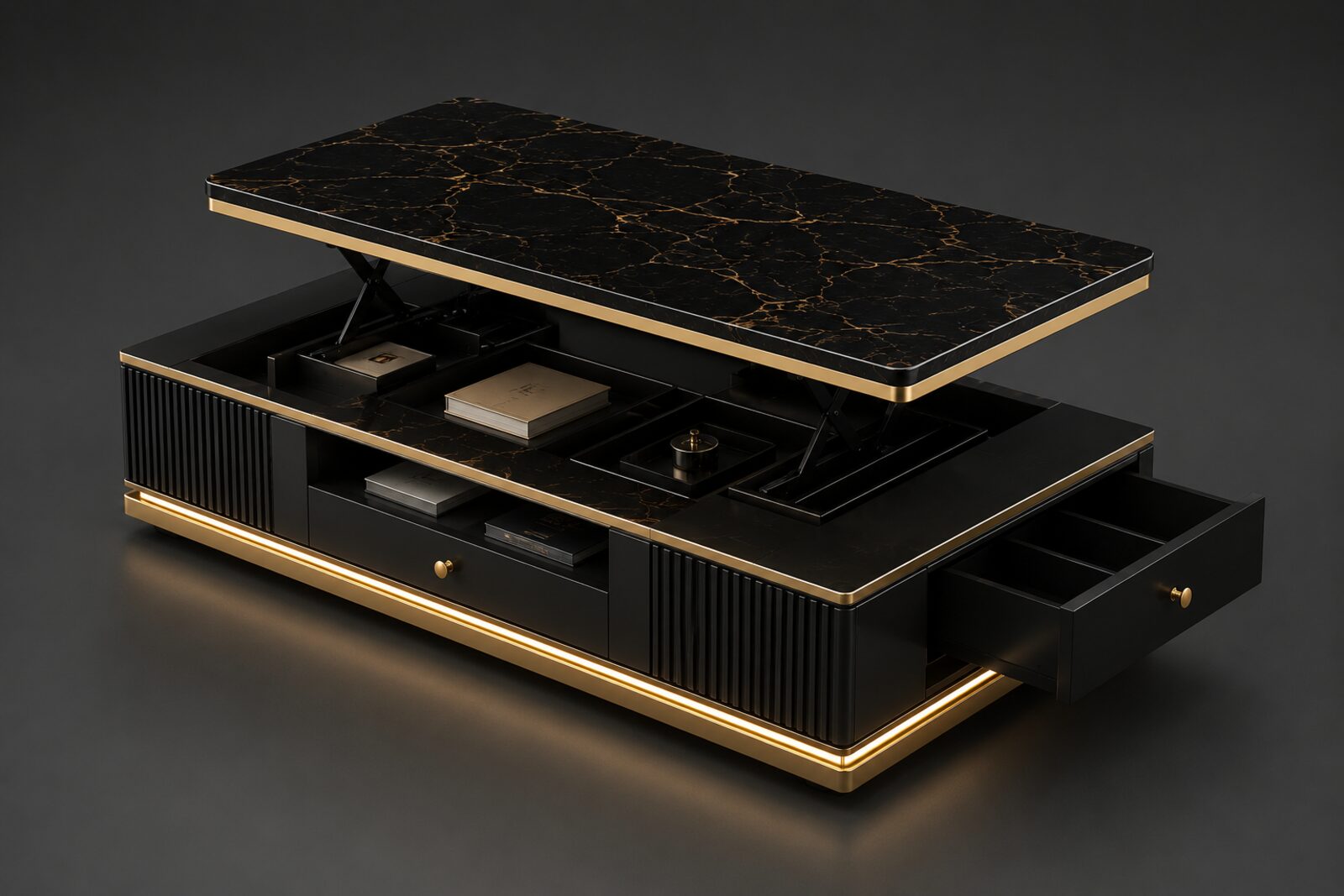 Smart Teapoy lift-top coffee table with the top raised, showing hidden storage compartments, a drawer open, and ambient gold LED lighting along the base